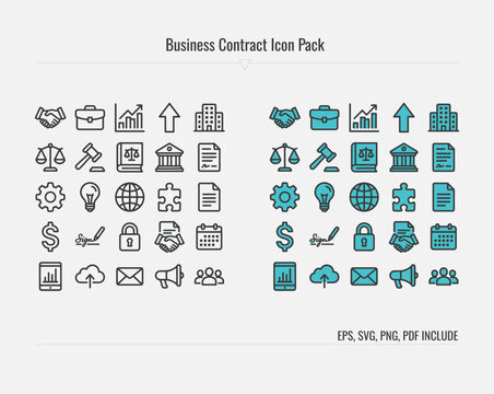 Set of 25 business and legal icons provided in both line art and filled color styles. Includes symbols for handshake, law, contract, finance, and corporate management. High-quality vector illustration