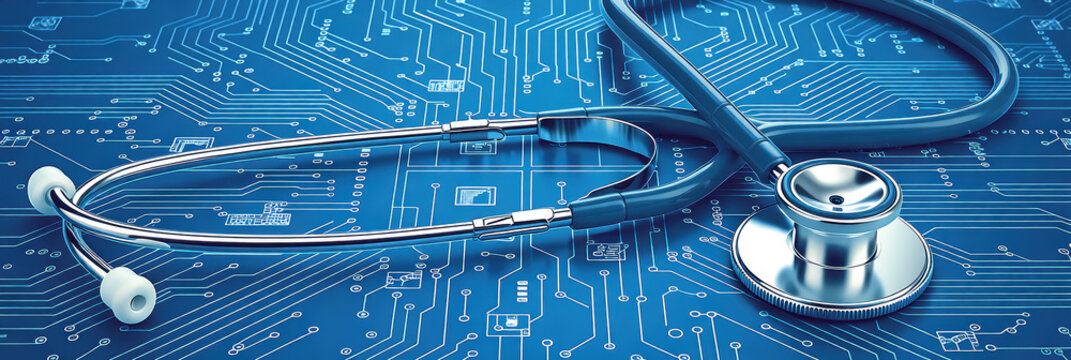 Medical stethoscope over blue modern electronic computer motherboard circuit showing confident hopeful mood toward health technology integration for future innovative clinic diagnostics