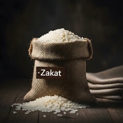 Zakat concept with rice in burlap bag on wooden table in dark setting, highlighting religious giving and charity