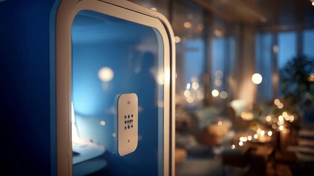 Medium shot of a modular adaptive learning pod softly illuminated focusing on adjustable lighting controls tailored for personalized testprep sessions with blurred background.