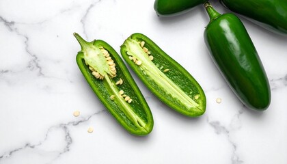 Fresh Jalape&ntilde;o Peppers on Marble Surface Showcasing Spicy Ingredient Detail, Culinary Preparation, and Vibrant Food Photography