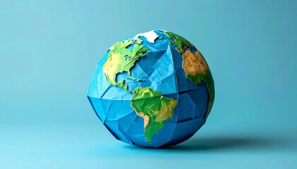 Origami Earth Globe Model on Blue Background.