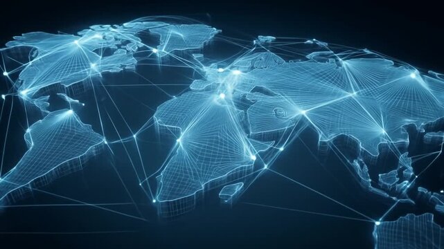 Glowing digital global network connecting points on a wireframe world map. Futuristic technology, communication, and data concept.