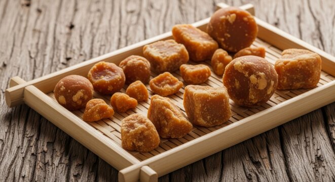 Natural Jaggery Cubes and Spheres on Wooden Tray
