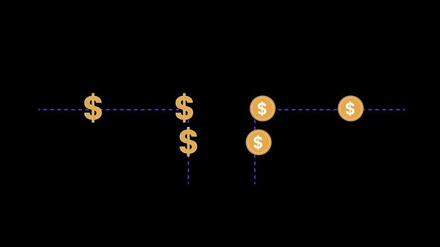Money flow concept. Dollar symbols and coins connected by dashed lines. Financial transaction network. currency transfer and fintech process. 2D motion graphics in 4K resolution with alpha channel.