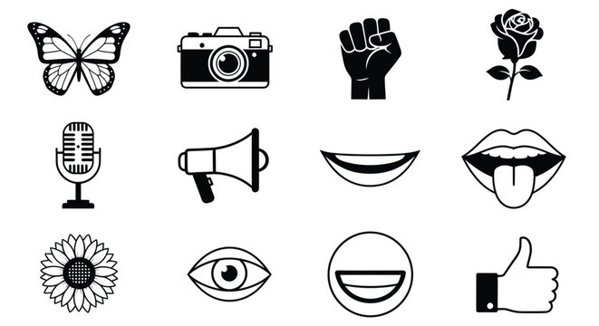 Black icons of various objects and symbols on white background