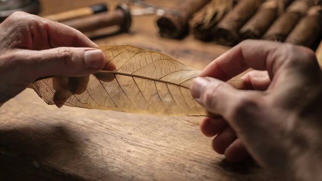 Closeup of skilled hands gently stretching a natural cigar wrapper leaf highlighting texture and precision in traditional cigar rolling craftsmanship.