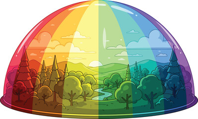 Naklejka premium Vibrant rainbow-colored dome encapsulating a peaceful landscape with trees, hills, and a winding river, symbolizing harmony and diversity.