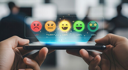 Person holding a tablet with emoticon ratings on screen in an office setting