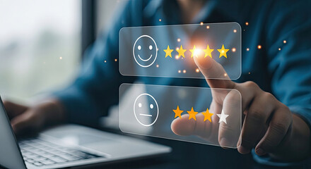 A person interacts with a digital rating interface near a laptop, assessing service quality with a glowing touch