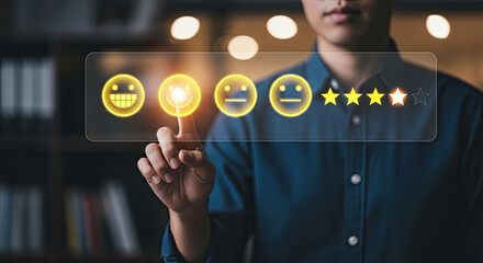 Man giving a rating on a digital interface with emoticons and stars in an office setting