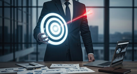 Businessman in office holding a glowing target symbol with red laser beam
