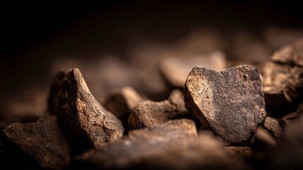 Fototapeta premium Close-up of textured rare earth ore pieces showcasing raw mineral formations and geological characteristics on a dark background with soft lighting