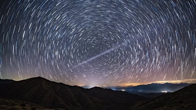 Star Trails Over Mountainous Landscape During Nighttime With Dramatic Light Beam