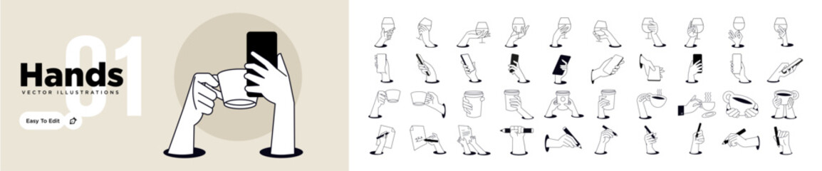 Fototapeta na wymiar Hands illustrations. Vector concepts of hands in different activities. Creative illustrations for graphic and web design, marketing, business presentation, social media.