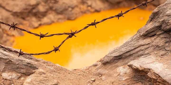 Controlled acid leaching process for rare earth extraction with safety barriers and visible orange leachate in a rocky industrial setting