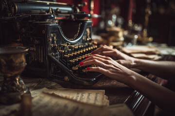 Hands typing on vintage typewriter creating story or novel