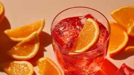 Negroni or aperitivo cocktail with orange and ice