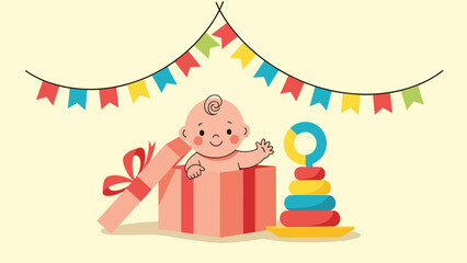 Obraz premium Happy baby popping out of a large pink gift box at a party with colorful bunting and a stacker toy on a light background.