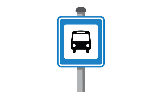Bus stop sign icon featuring a black bus symbol inside a blue and white square frame on a grey pole on a white background.