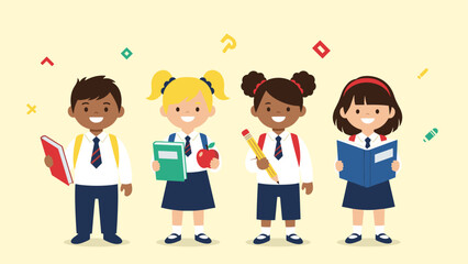 Fototapeta premium Four diverse elementary school students in uniform stand together holding books and supplies to promote education and learning for all.