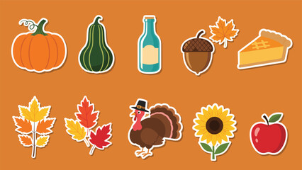 Thanksgiving sticker set features seasonal icons like a pumpkin, turkey, autumn leaves, and a slice of pie for festive decorations and crafts.