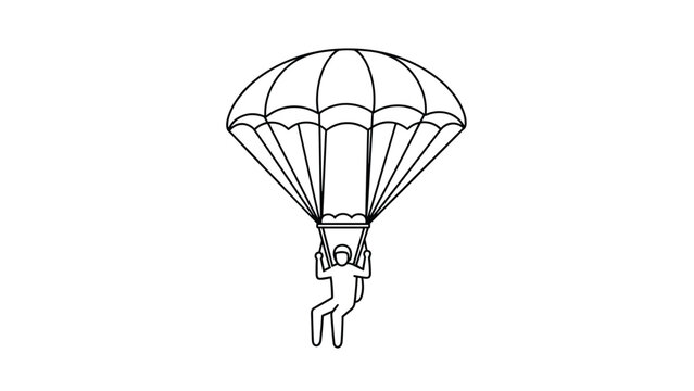Simple line drawing shows a skydiver falling through the air with an open parachute representing adventure, extreme sports, and outdoor fun.
