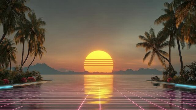 Retro 80s background neon grid tropical sunset with palm trees and water reflection Perfect for synth pop music videos or summer party screens