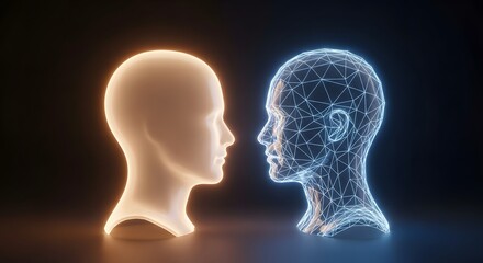 Obraz premium Two human heads, one solid and one wireframe, facing each other