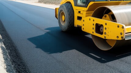 Yellow Road Roller on Freshly Paved Asphalt