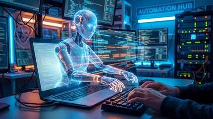 AI assistant robot emerging from laptop display, helping user write code, fast-moving data streaks, advanced automation workflow