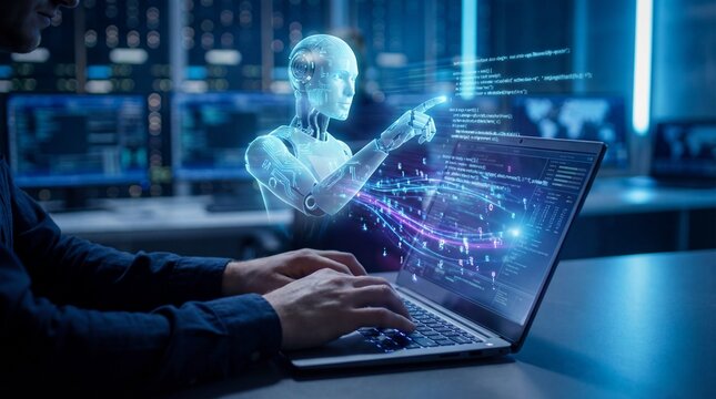 human typing on keyboard with holographic AI agent analyzing data beside screen, digital interface overlays