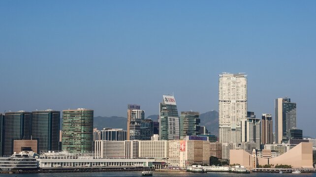 Tsim Sha Tsui, Kowloon, Hong Kong- 16 Jan 2026: skyline of Hong Kong with star ferry sailing in Victoria Harbour showing Cultural Centre,Star House, iSquare, Harbour City in a blue sky day in seaside