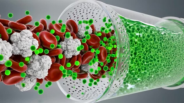 Cross Section Inside a Dialyzer Showing Diffusion of Toxic Waste Across a Semipermeable Membrane as Blood Is Mechanically Purified