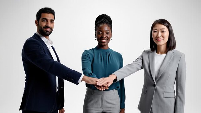 Diverse Business Team Stacking Hands Together Showing Unity and Teamwork in Studio
