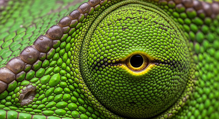 Naklejka premium A close-up of a green lizard's eye with vibrant scales and a natural gaze