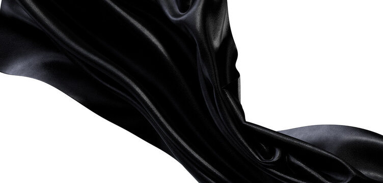 Abstract black fabric artfully flowing against a stark white backdrop, showcasing texture, waves, and the concept of gra