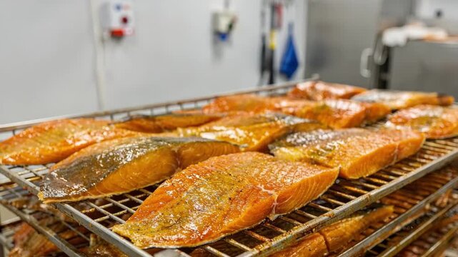 Medium shot of sliced smoked fish on racks cooling down showcasing the final stages of seafood processing with detailed texture and color in a hygienic facility.