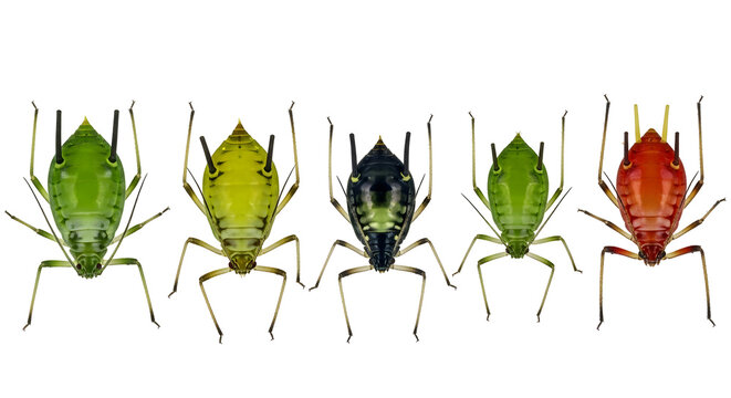 Colorful aphids in various hues, from green to red, isolated on white, illustrating insect diversity and agricultural pest issues.