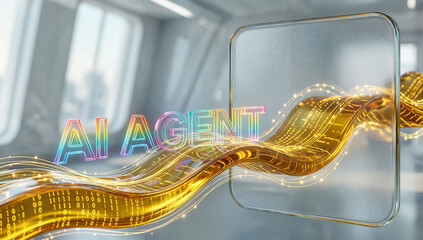 &ldquo;AI Agent&rdquo; text on a transparent screen with flowing light trails and binary code in modern office space