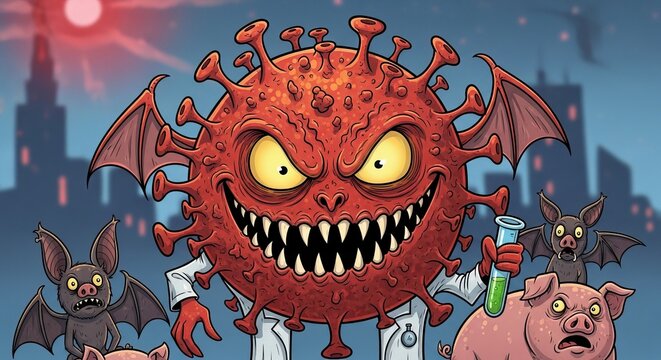 Cartoon virus character with bats and pig in laboratory setting