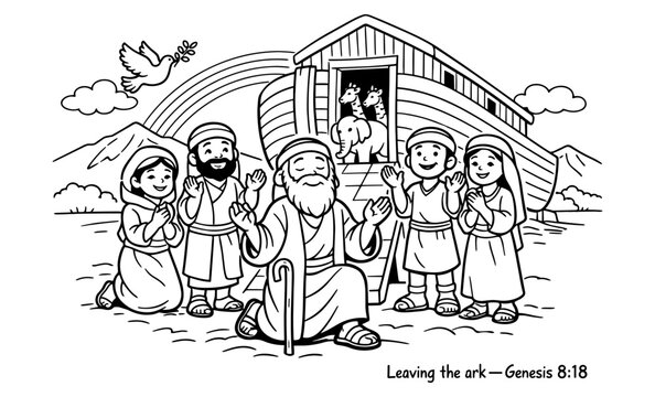 Noah and his family leaving the ark after the flood with a dove and rainbow