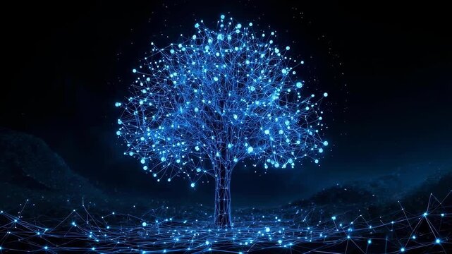 A glowing, network-like tree with a dark background, evoking technology and connections