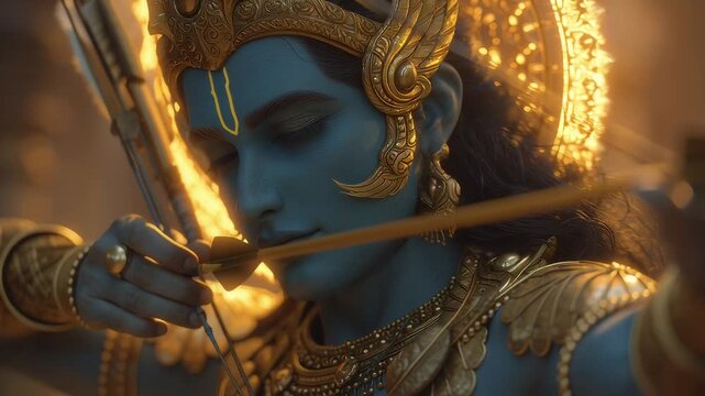 A close-up of a blue-skinned Hindu deity, Lord Rama, aiming a golden bow and arrow with intense focus, adorned in elaborate gold jewelry and crown, against a radiant, fiery background.