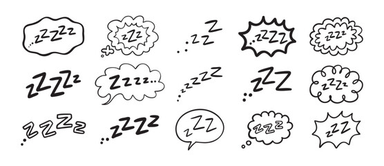 Zzz Zzzz bed sleep snore sound bubble set, snooze nap Z sound icon cloud set. Sleepy Zzz doodle hand drawn line icons