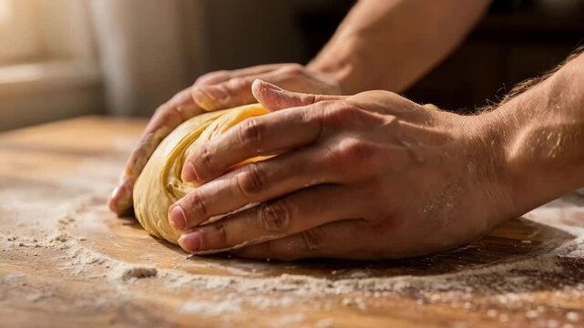 Medium shot showing hands working soft brioche dough with delicate folding on a floured table focusing on the rich buttery texture development.