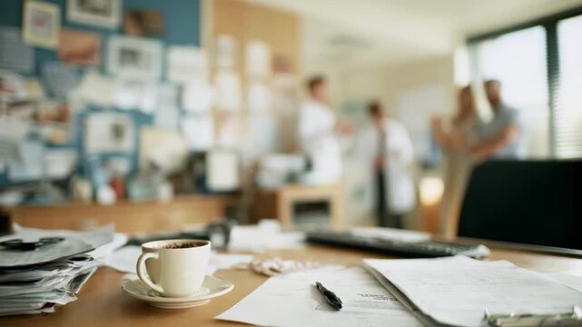 Medium shot of a busy shared physician workroom with one doctors desk clear and in focus showcasing paperwork and a coffee cup colleagues and room blurred gently behind.