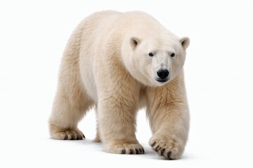 Fototapeta premium Polar bear walking forward photorealistic isolated on white background, slow smooth wildlife stock image