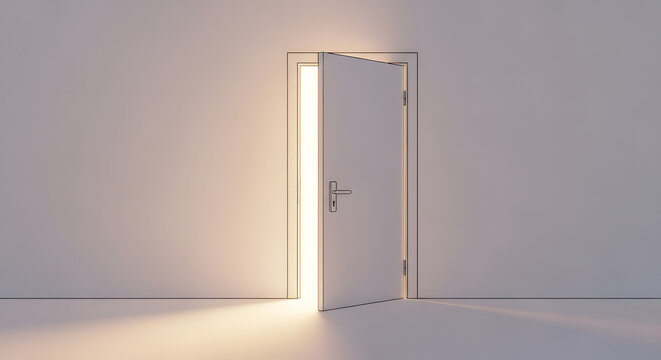 A white door slightly ajar with a warm light shining through it in a plain room