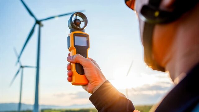 Technician measuring wind speed with handheld anemometer at wind farm during sunset for renewable energy inspection.